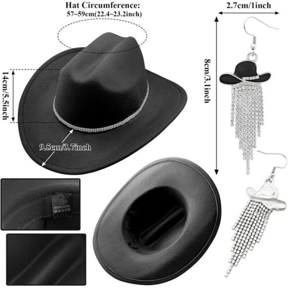 Cowboy Hat Rhinestone Cowgirl Boots Earrings Set Tassel Black - Picture 4 of 7